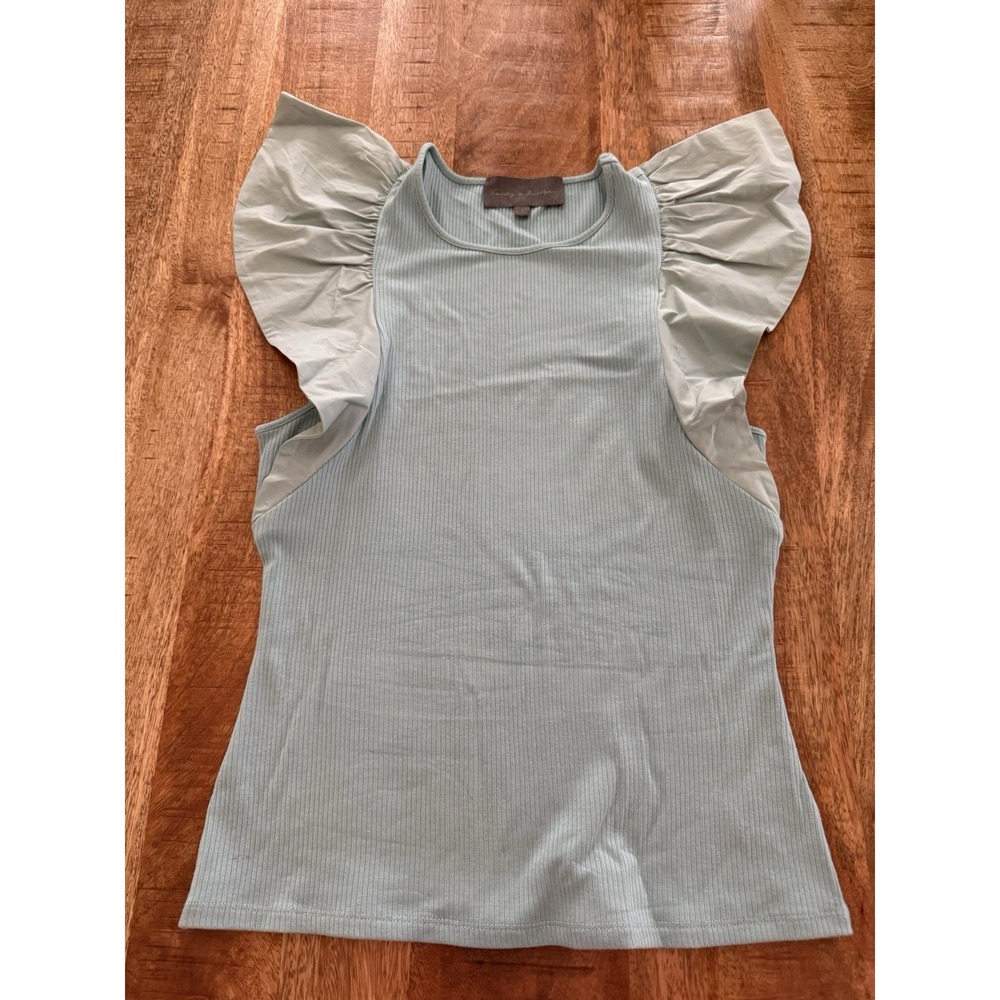 Sunday in Brooklyn Anthropologie Ruffle Sleeve Tank Small Sage Green Ribbed Top